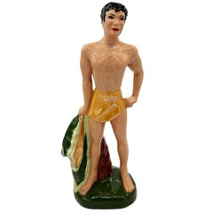 Mid-Century Hand Painted Native Surfer w/ Gold Machete Ceramic Sculpture