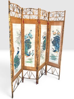 Mid-Century Hand Painted Peacocks Folding Room Divider Bamboo Screen.