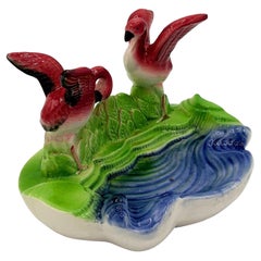 Mid-century Hand Painted Pink Flamingo couple in Pound Ceramic Scenic Sculpture