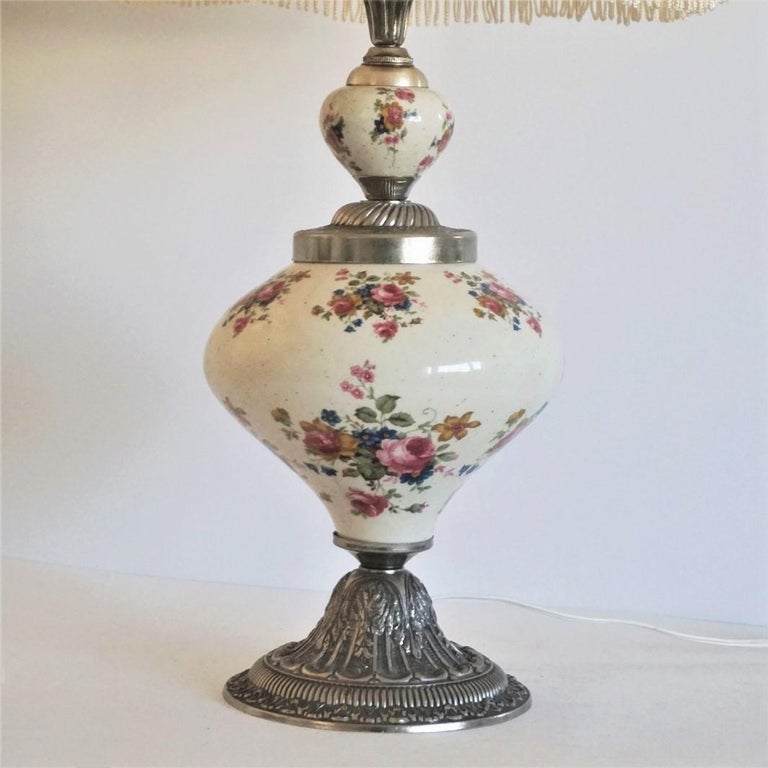 Art Nouveau Midcentury Hand Painted Porcelain Table Lamp with Hand Embroidered Linen Shade For Sale