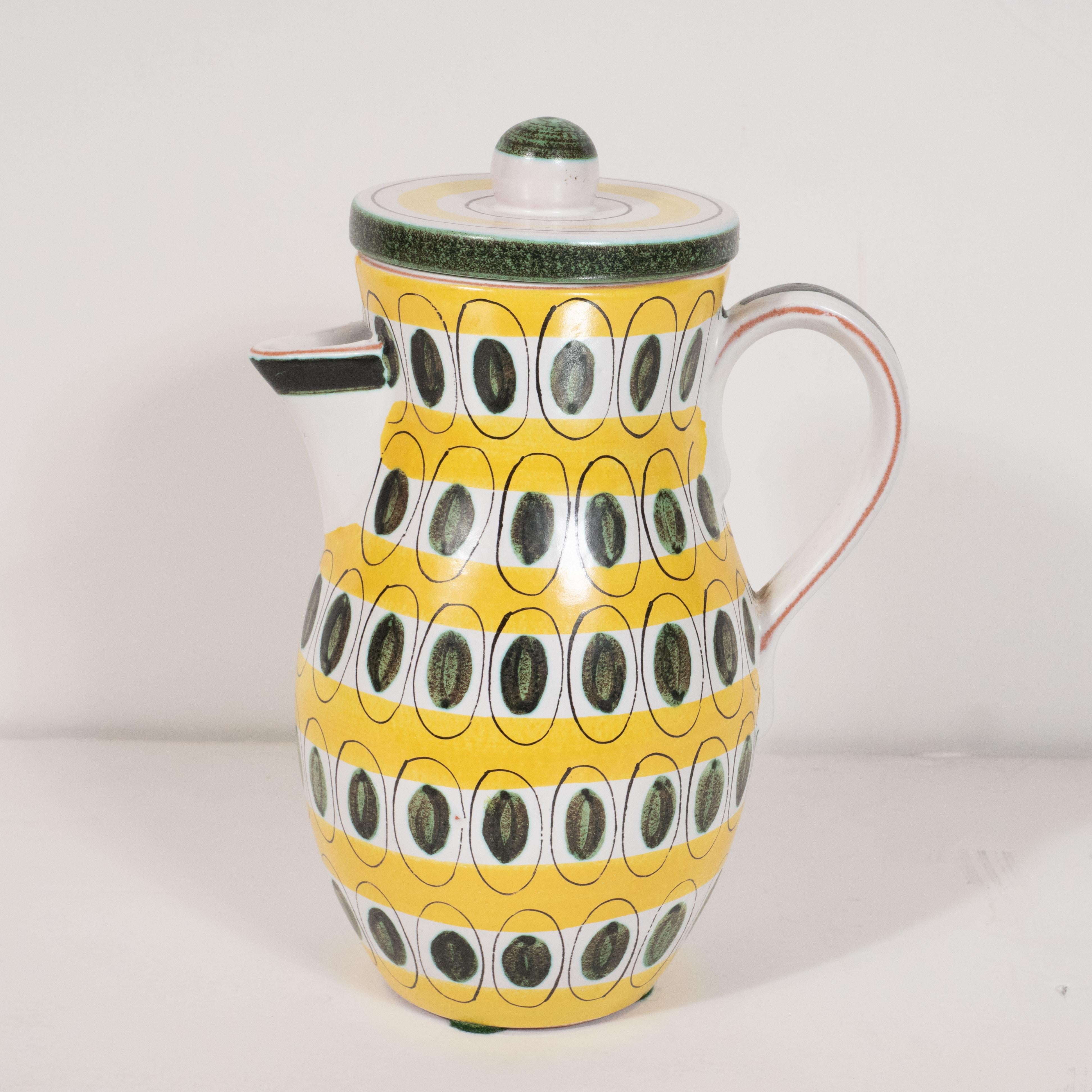 Midcentury Hand Painted Stig Lindberg Ceramic Pitcher in Yellow & Hunter Green In Excellent Condition In New York, NY