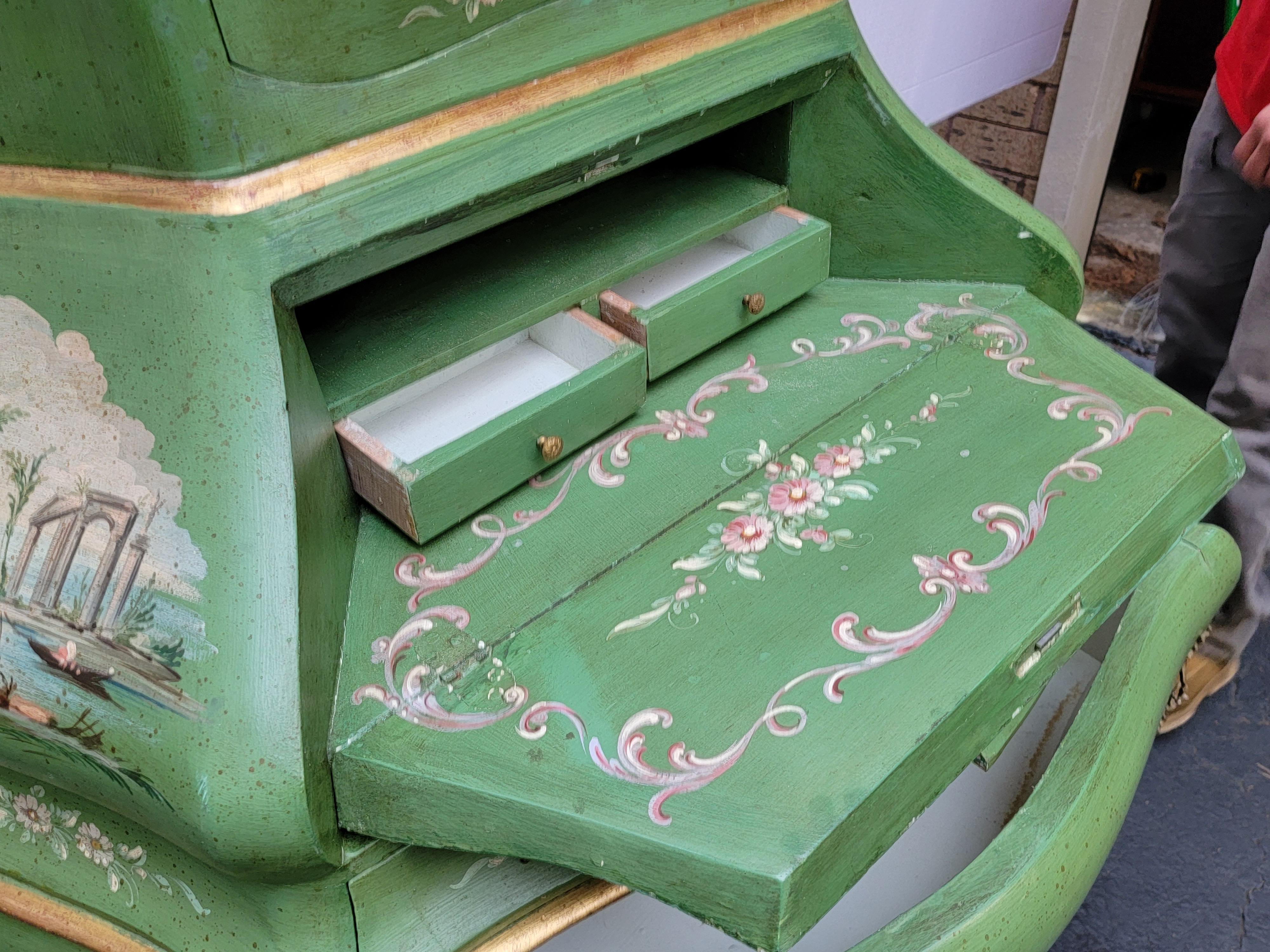 Rococo Mid-Century Hand Painted Venetian Bombay Form Secretary