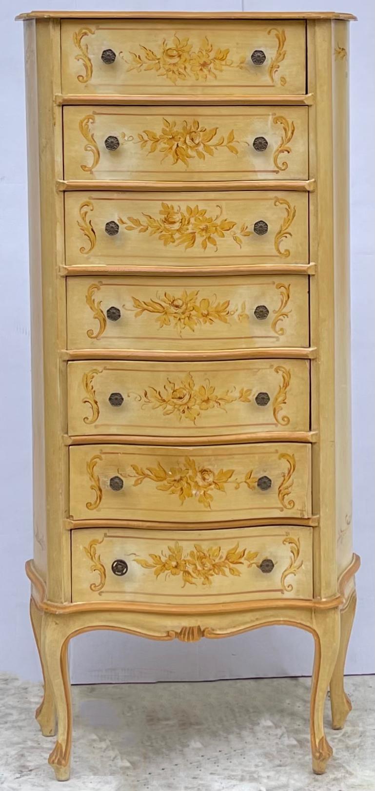 This is a mid-century hand painted Venetian chest. It was typically for lingerie but would be wonderful for jewelry or a bath or many other fun purposes. The paint does show some patina, but it is structurally sound.