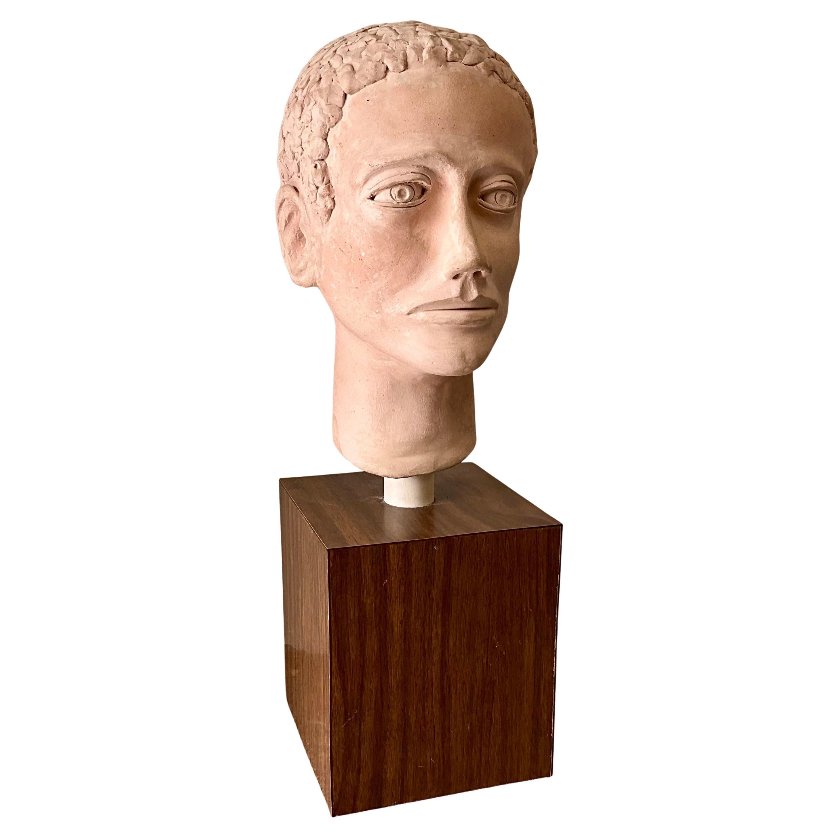 Mid-Century Hand-Sculpted Plaster Head on Formica-Clad Wood Base For Sale