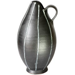 Midcentury Hand Thrown Black and White 'Pinstripe' Pitcher or Vase, circa 1950s