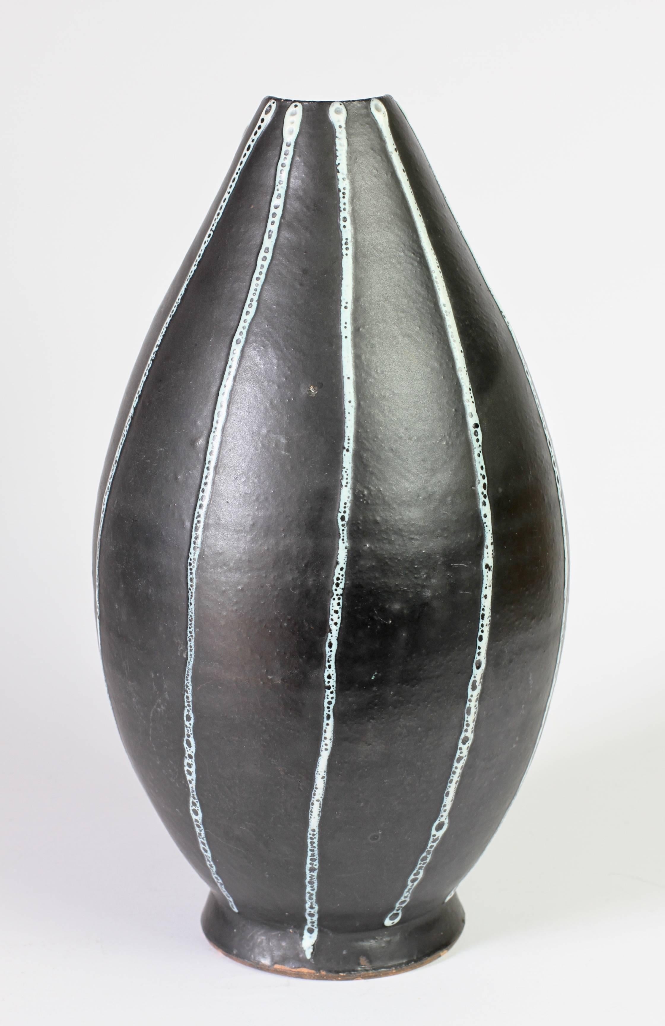 Hand-Crafted Midcentury Hand Thrown Black and White 'Pinstripe' Pitcher or Vase, circa 1950s For Sale