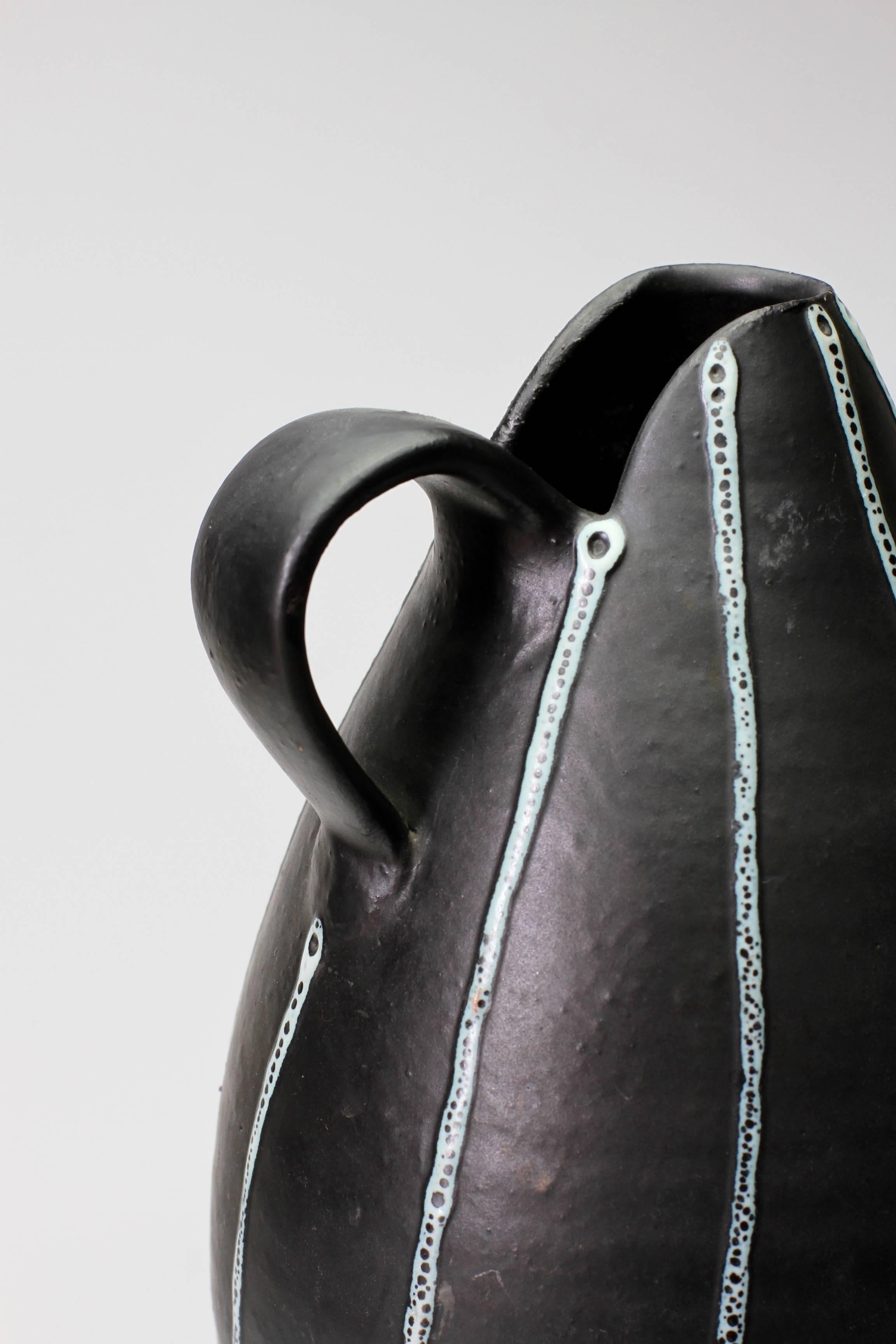 Clay Midcentury Hand Thrown Black and White 'Pinstripe' Pitcher or Vase, circa 1950s For Sale