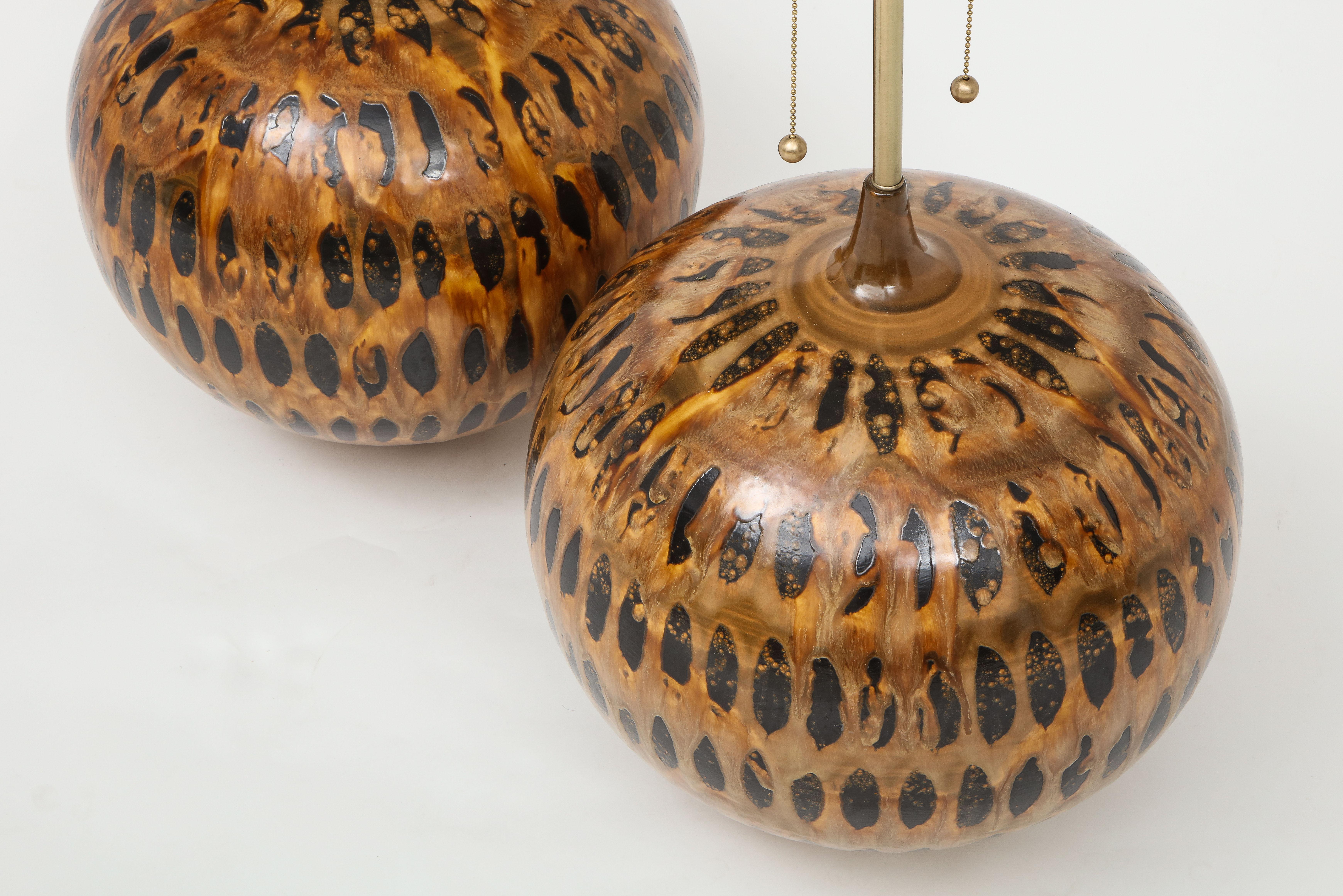 Mid-Century Modern Midcentury, Hand Thrown Tortoise Shell Glazed Ceramic Lamps