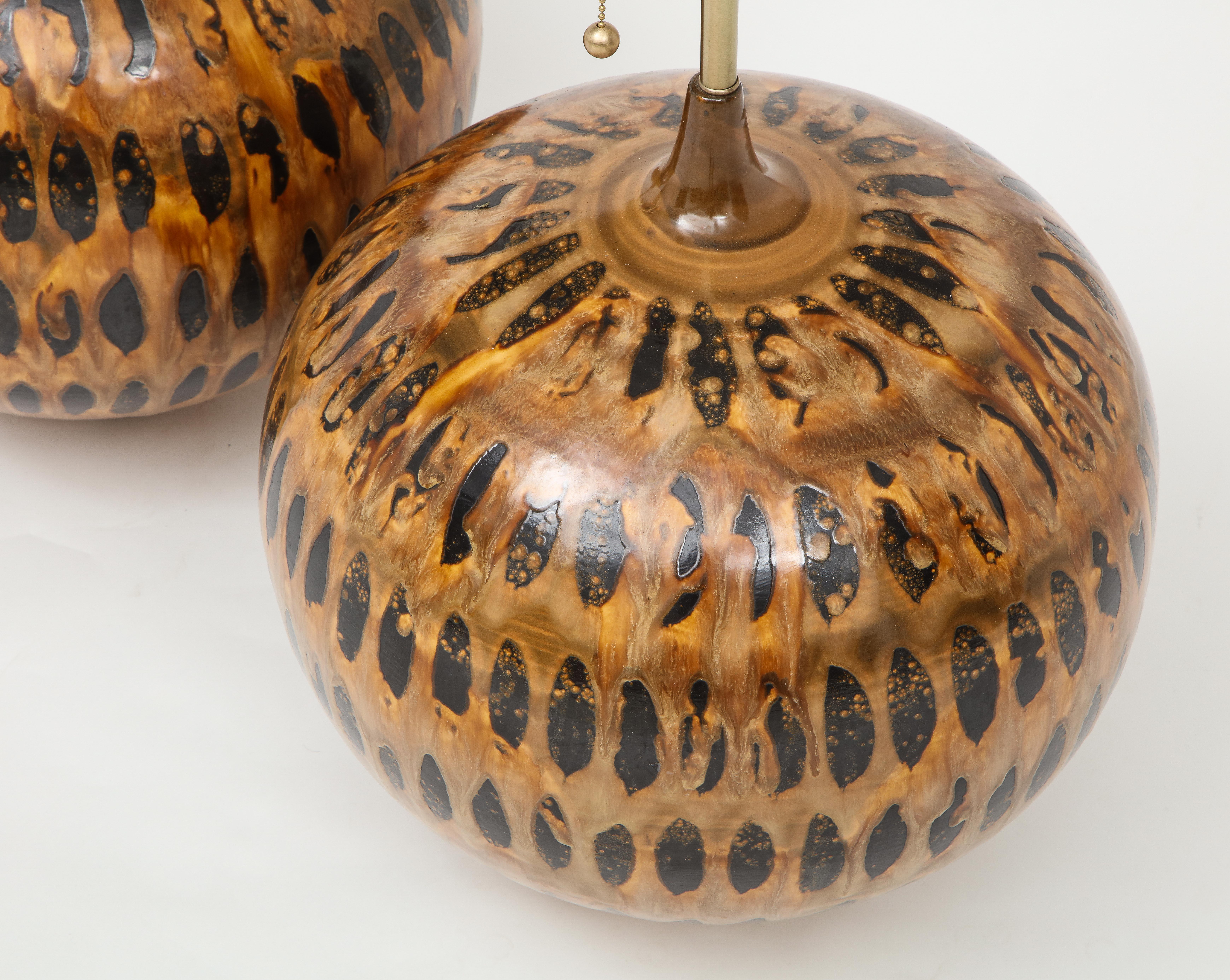 American Midcentury, Hand Thrown Tortoise Shell Glazed Ceramic Lamps