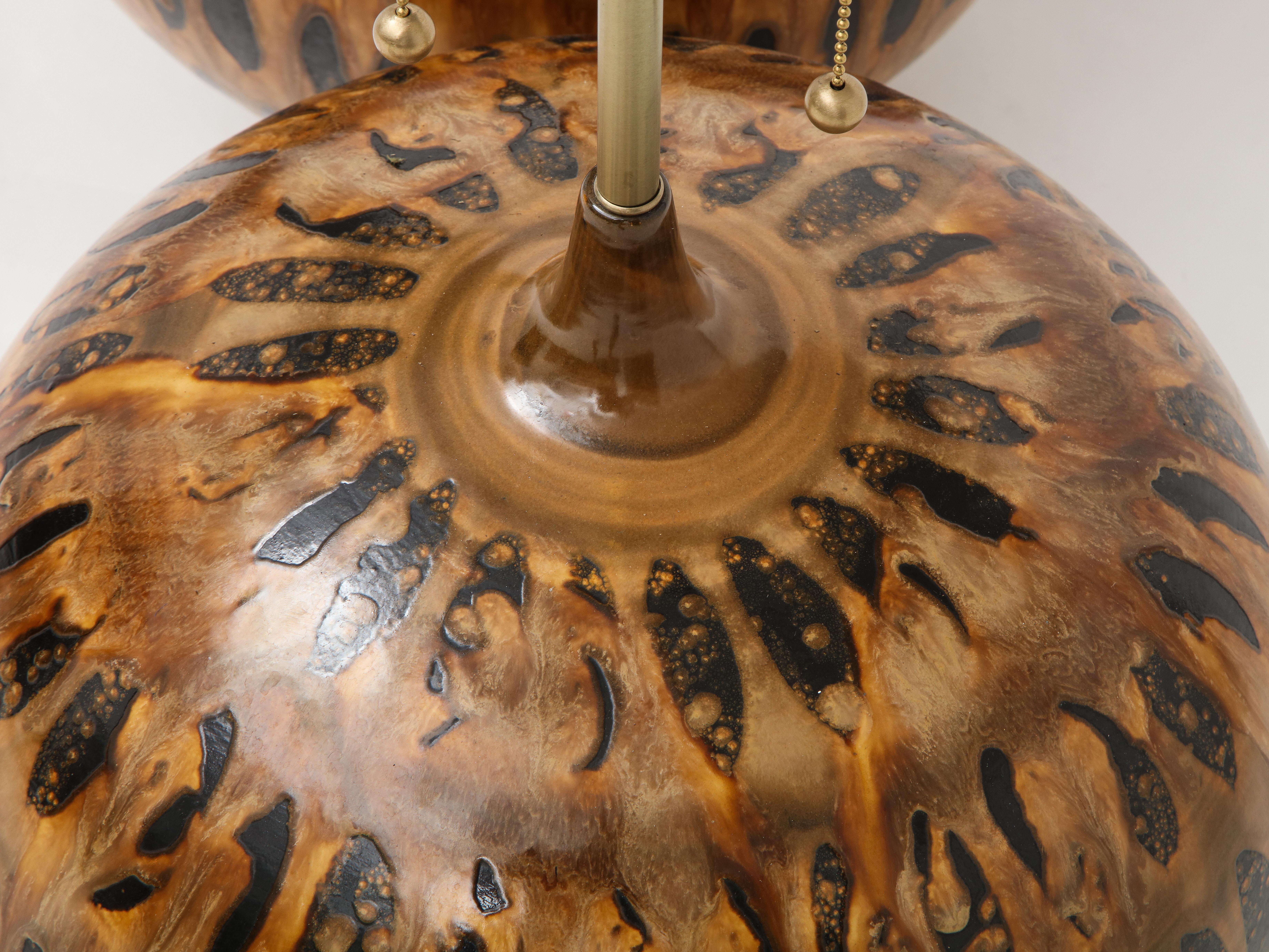 Hand-Crafted Midcentury, Hand Thrown Tortoise Shell Glazed Ceramic Lamps