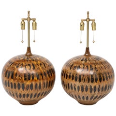 Midcentury, Hand Thrown Tortoise Shell Glazed Ceramic Lamps