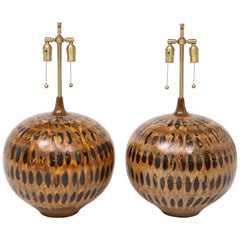 Midcentury, Hand Thrown Tortoise Shell Glazed Ceramic Lamps