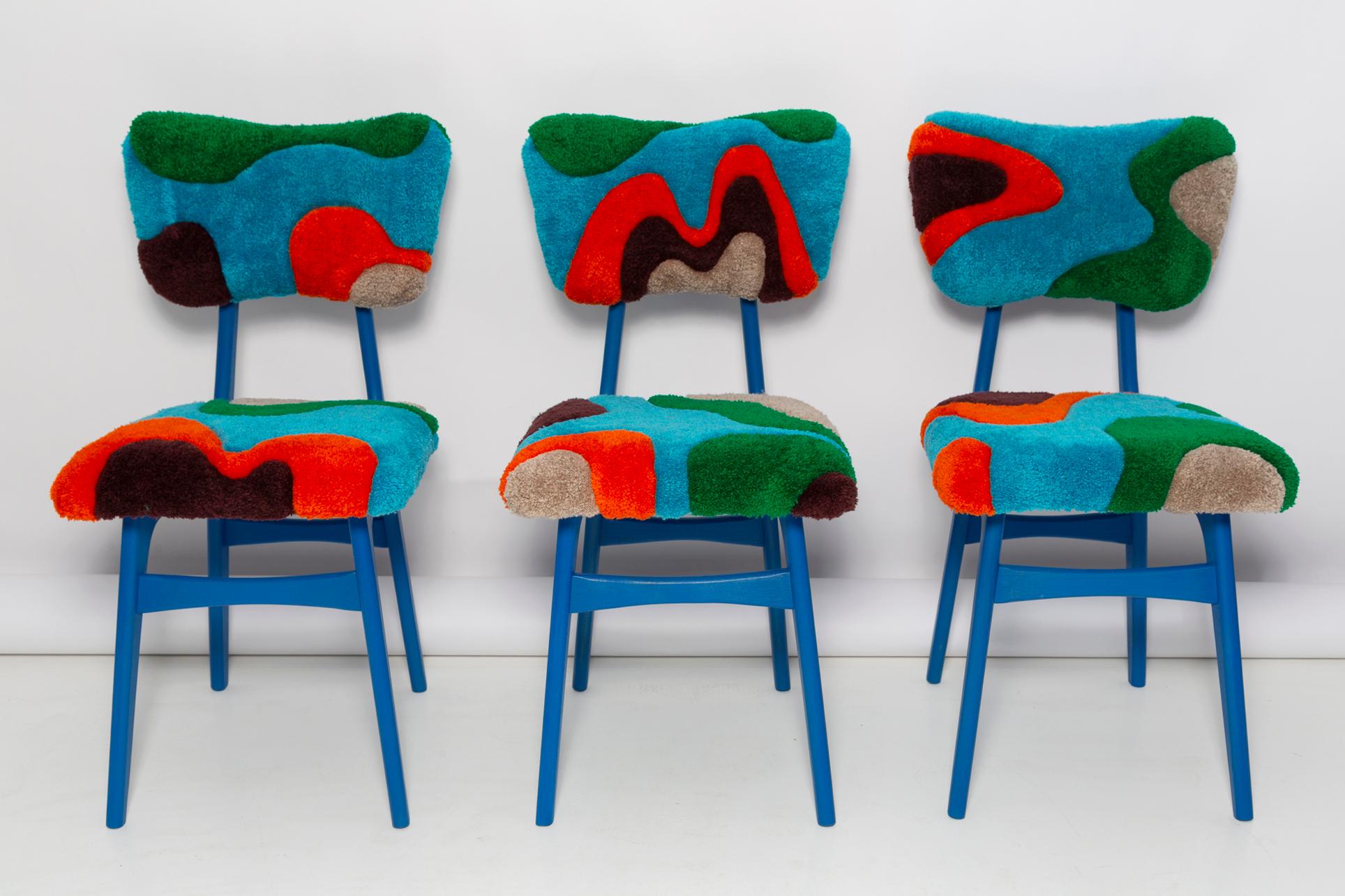 Mid Century Hand Tufting Chair, Blue Wood, Rajmund Halas, Poland, 1960s For Sale 4