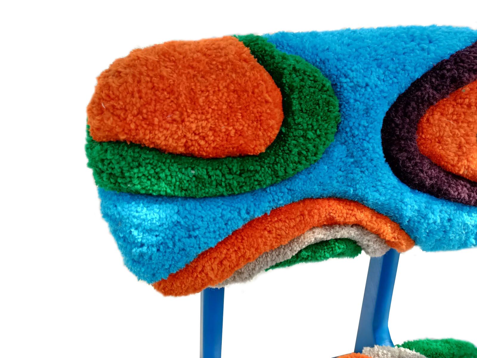 20th Century Mid Century Hand Tufting Chair, Blue Wood, Rajmund Halas, Poland, 1960s For Sale