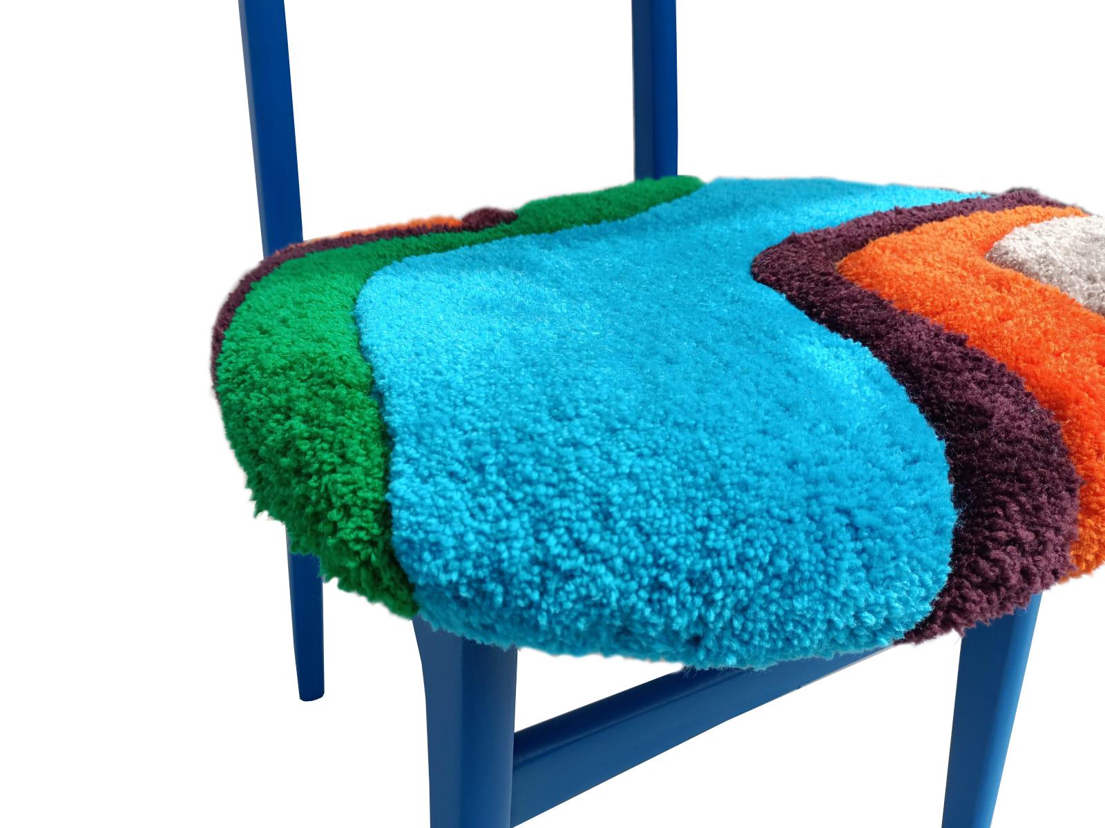Velvet Mid Century Hand Tufting Chair, Blue Wood, Rajmund Halas, Poland, 1960s For Sale