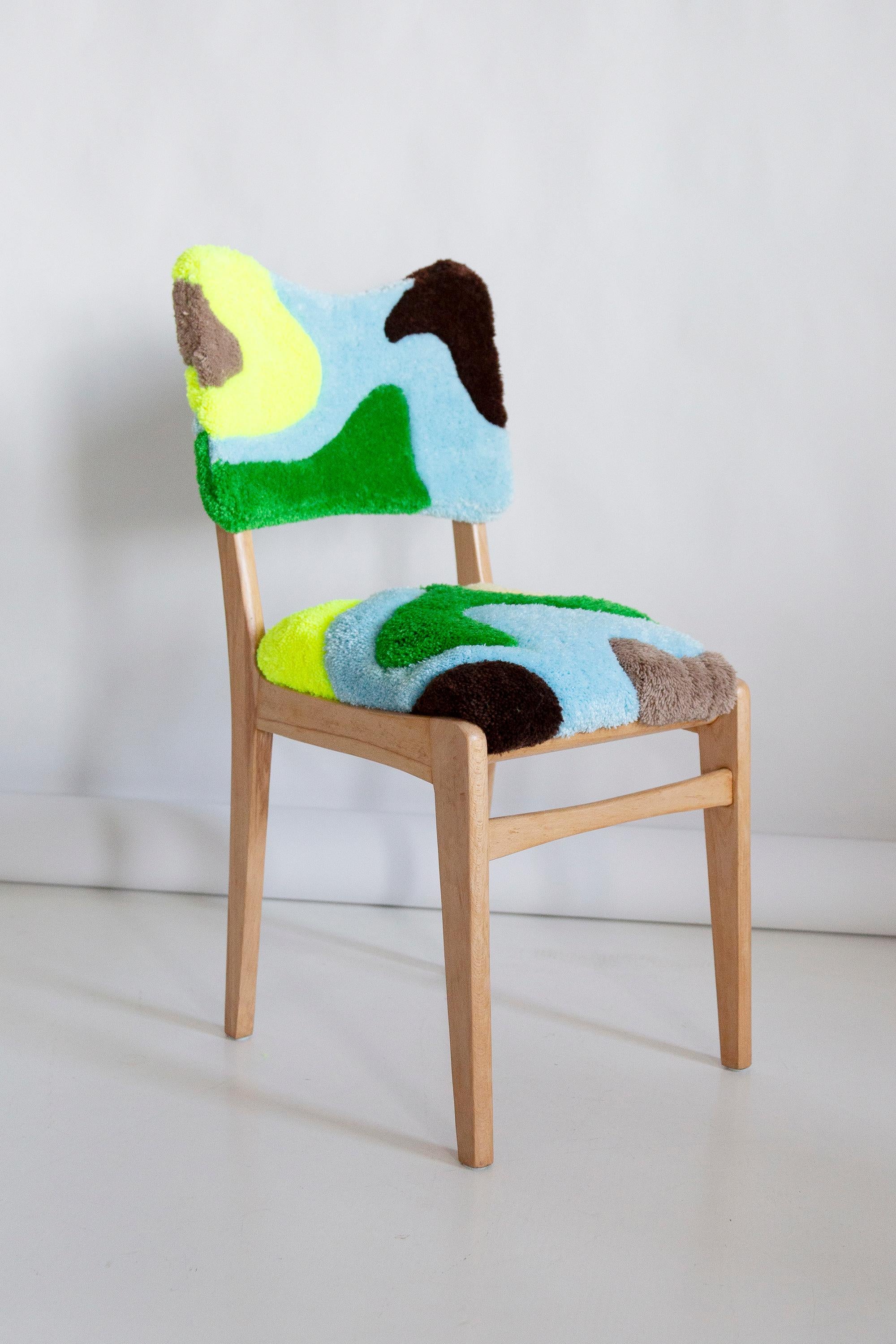 Chair designed by Prof. Rajmund Halas. Made of beechwood. Chair is after a complete upholstery renovation, the woodwork has been refreshed. 

Seat is hand tufting multicolor wool. Absolutely hand made technic. 
Only one unique chair. 

Chair is