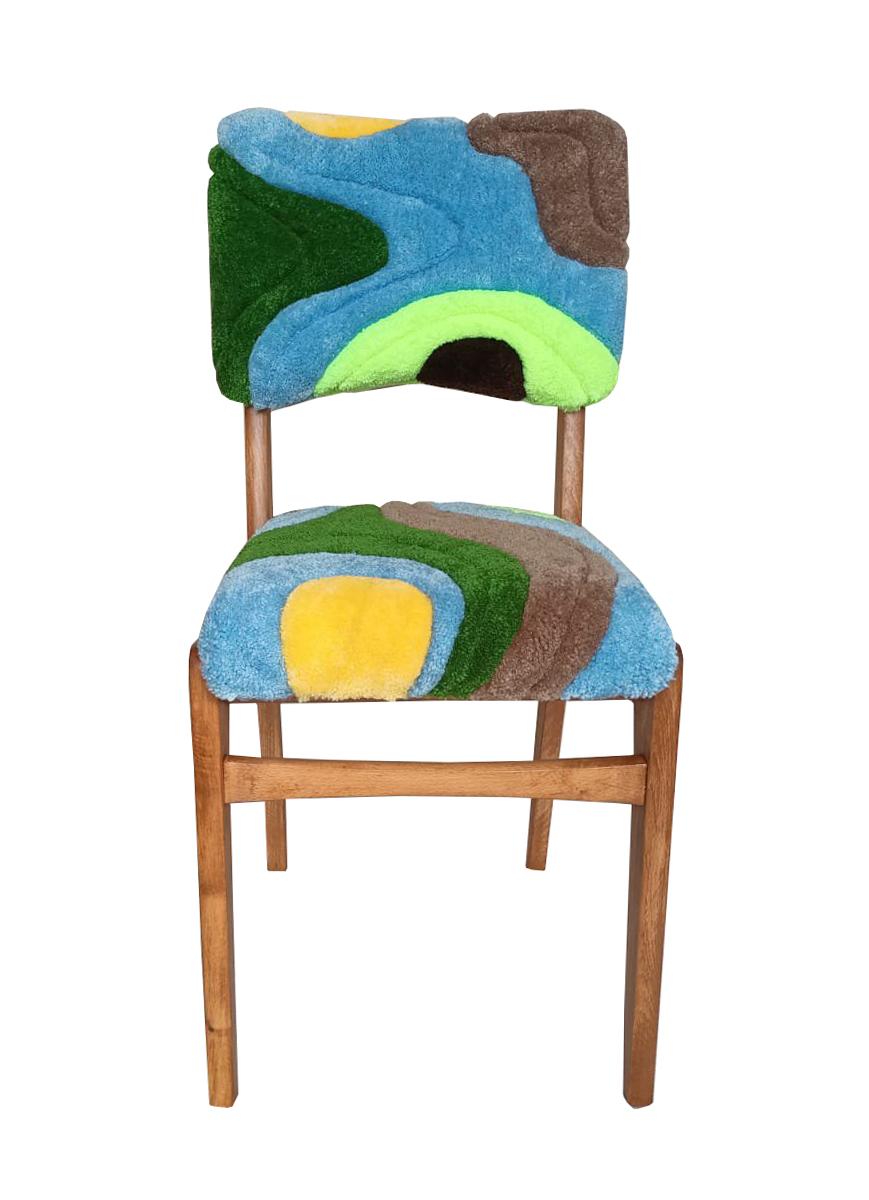 Chair designed by Prof. Rajmund Halas. Made of beechwood. Chair is after a complete upholstery renovation, the woodwork has been refreshed. 

Seat is hand tufting multicolor wool. Absolutely hand made technic. 
Only one unique chair. 

Chair is