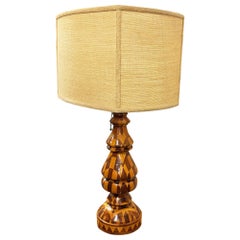 Mid-Century Hand Turned Segmented Marquetry Inlay Mosaic Table Lamp w/ Shade