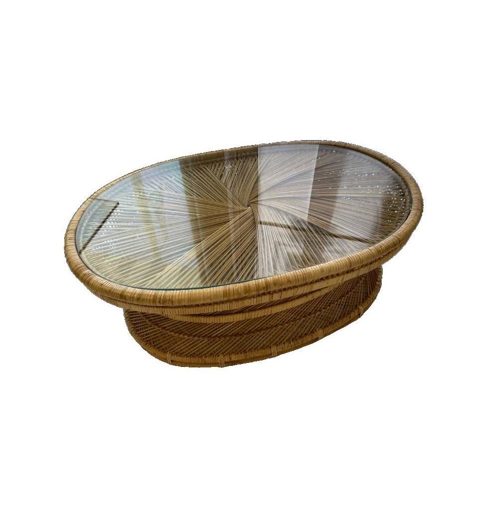 Hand crafted, with a symmetrical spiral design on the top and the midsection of the base “cinched” in the middle by a band of woven rattan, this table is truly unique. The engineering, and durable rattan ensures the table’s sturdiness. Enjoy the