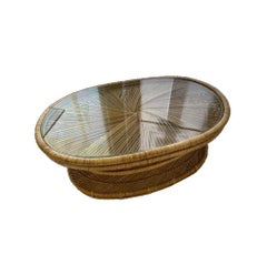Mid-century Hand-woven Rattan and Glass Coffee Table