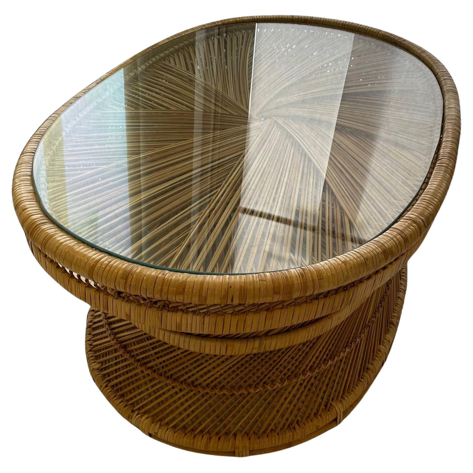 Mid-century Hand-woven Rattan and Glass Coffee Table For Sale