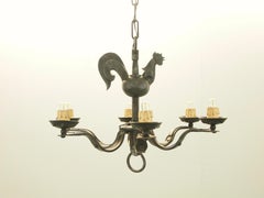 Midcentury Handwrought Iron Luster with Cock/Rooster Jean Touret Style