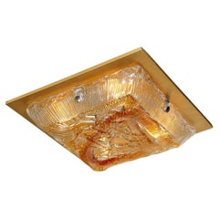 Mid-Century Handblown Amber Murano Glass Square Flushmount Chandelier by Mazzega