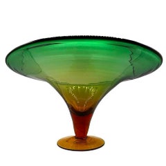 Mid Century Handblown Art Glass Green & Amber Compote Centerpiece Bowl by Blenko