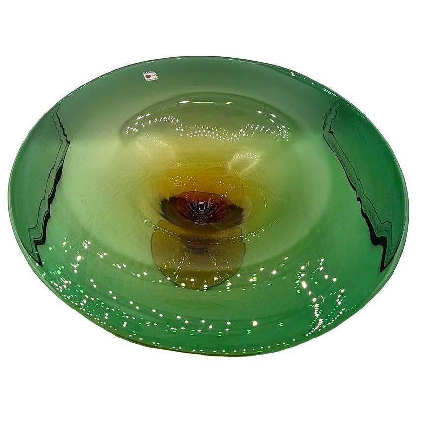 Bol de centre de table en verre d'art soufflé à la main, vert et ambre, de Blenko Excellent état à Van Nuys, CA