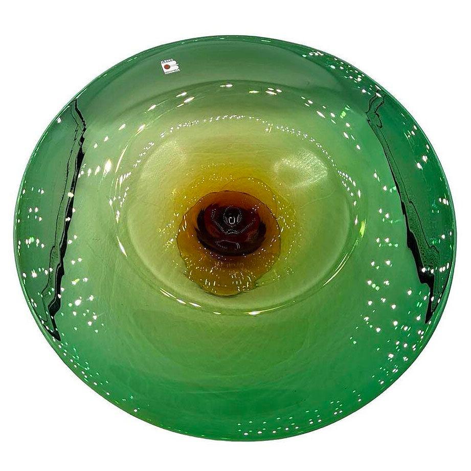 20ième siècle Bol de centre de table en verre d'art soufflé à la main, vert et ambre, de Blenko