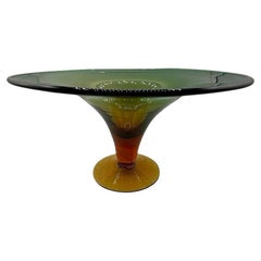 Mid Century Handblown Art Glass Green & Amber Compote Centerpiece Bowl by Blenko