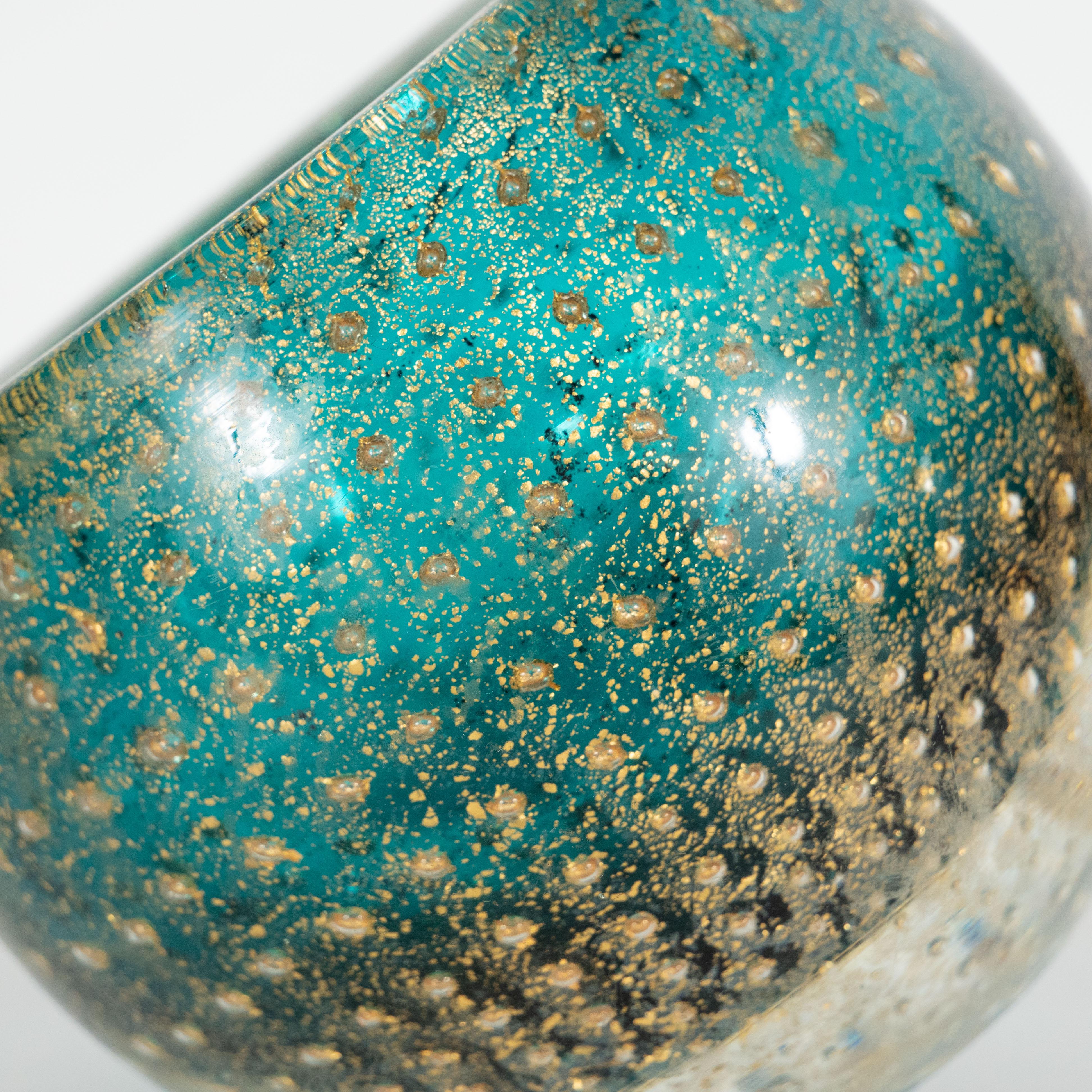 Midcentury Handblown Murano Acquamarine Bowl/Ashtray with 24-Karat Gold Murines In Excellent Condition In New York, NY