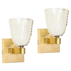 Mid-Century Handblown Murano Bullicante Glass & Brass Sconces by Barovier & Toso