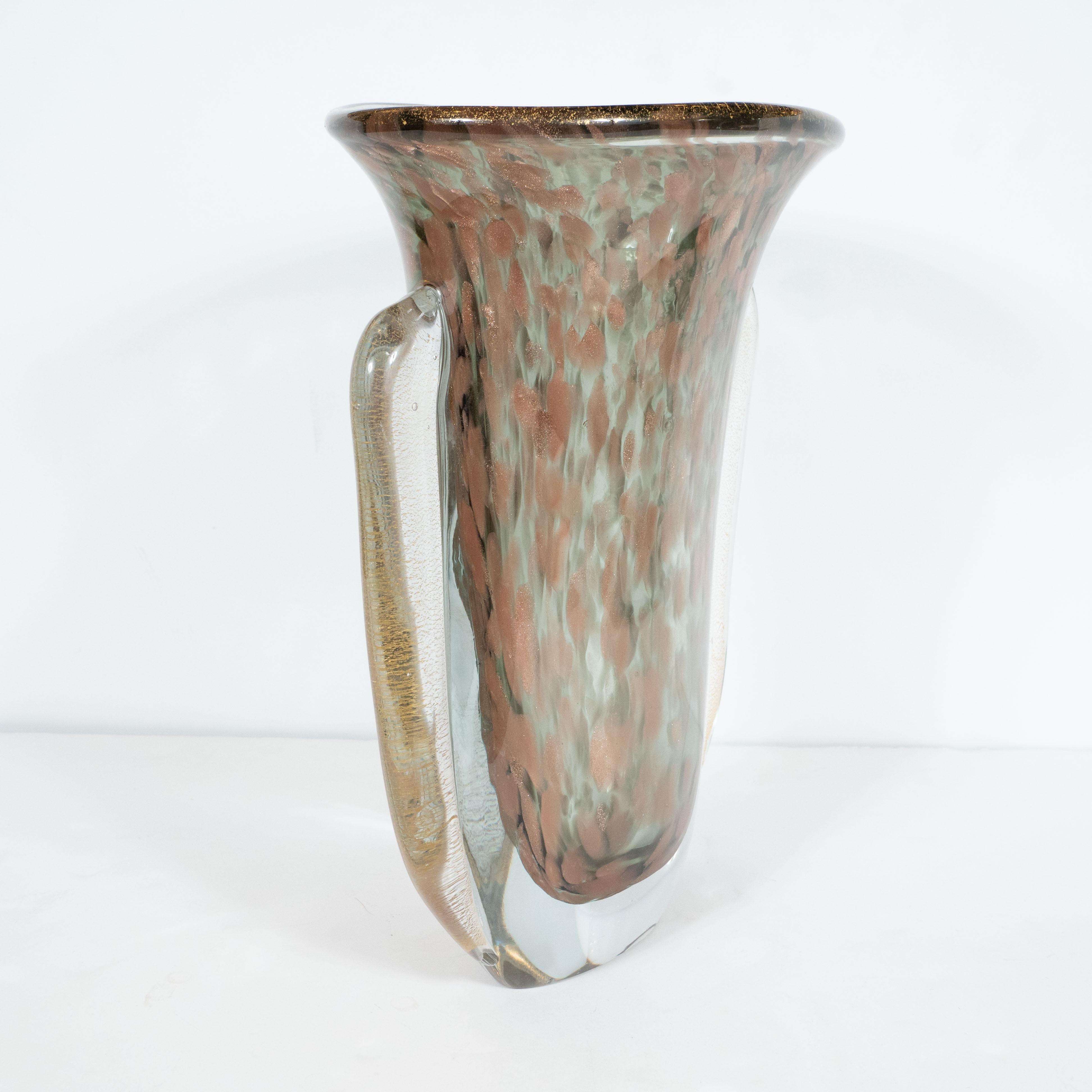 Midcentury Handblown Murano Glass Vase with 24k Yellow and Rose Gold by Vistosi In Distressed Condition For Sale In New York, NY
