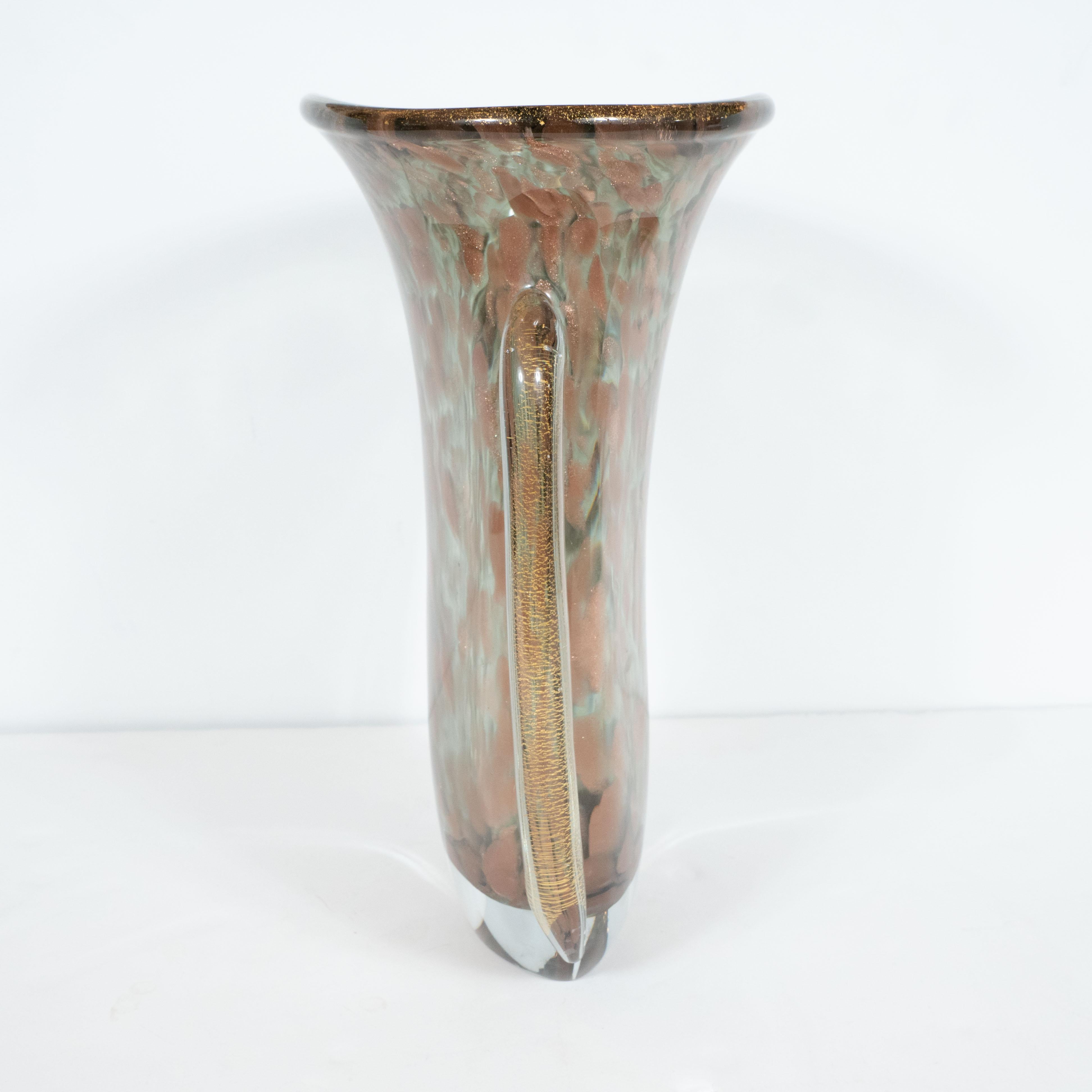 Mid-20th Century  Midcentury Handblown Murano Glass Vase with 24k Yellow and Rose Gold by Vistosi For Sale