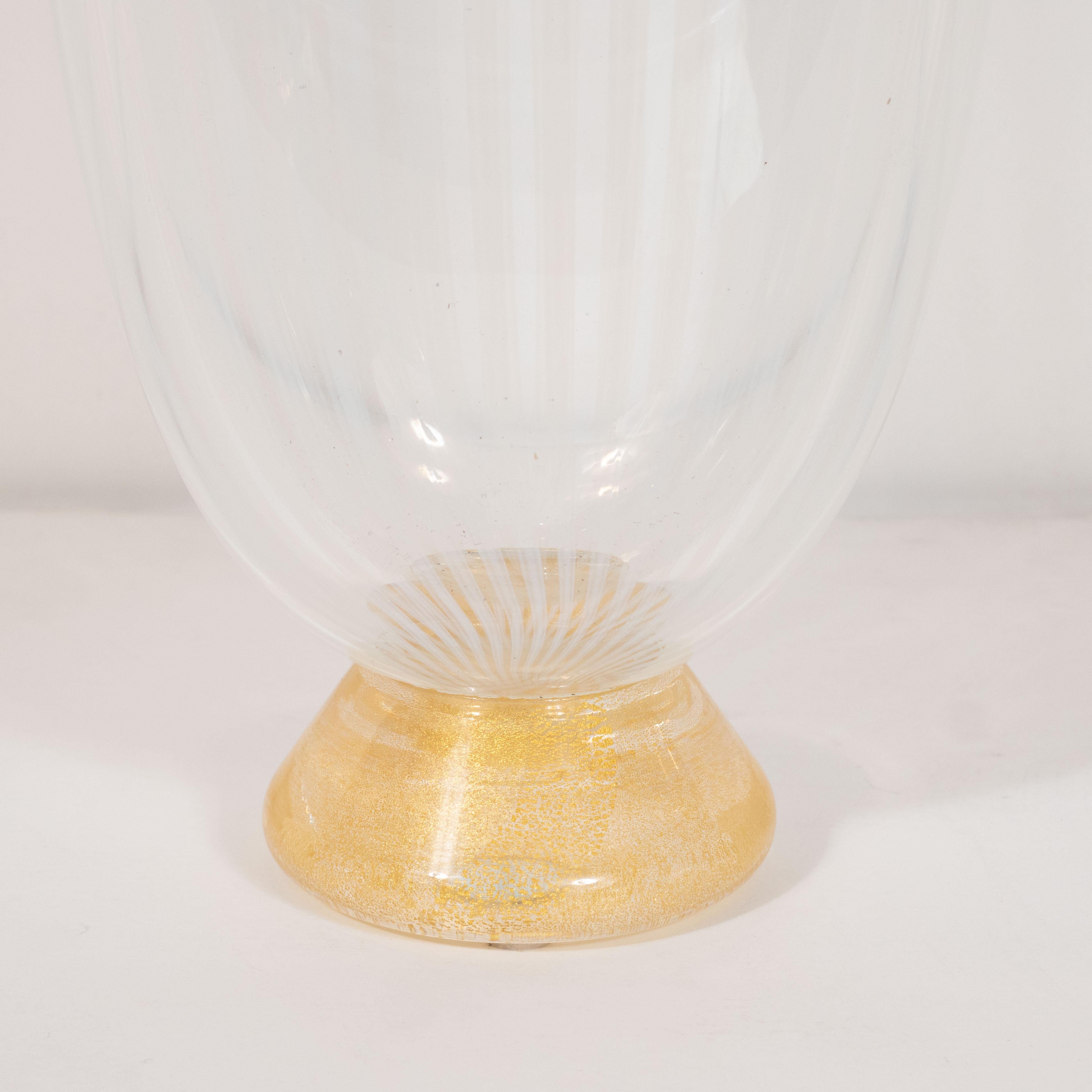 Italian Midcentury Hand Blown Murano Striated Glass Vase with 24kt Gold Flecks by Seguso