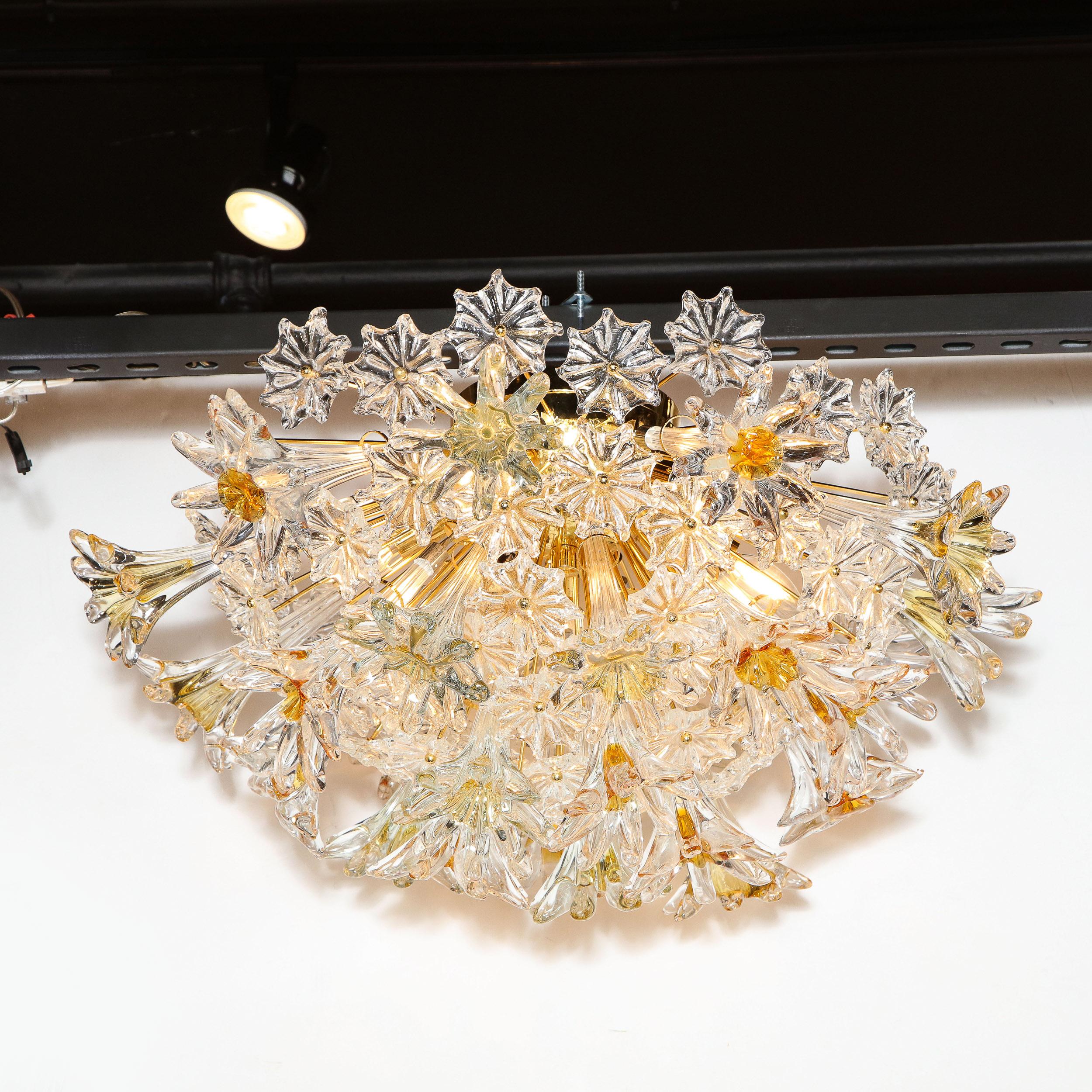 Mid Century Handblown Murano Stylized Floral Translucent & Amber Flush Mount In Excellent Condition In New York, NY