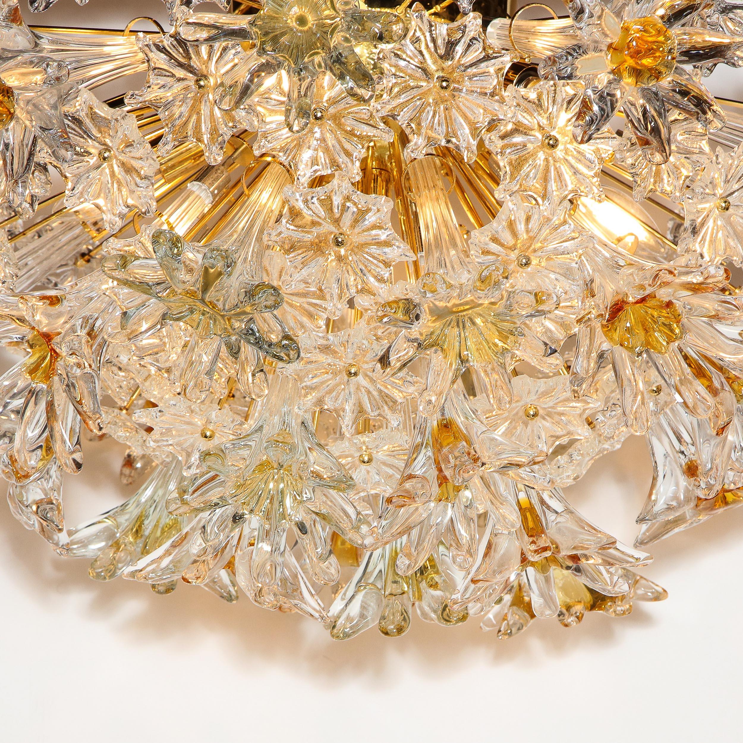 Brass Mid Century Handblown Murano Stylized Floral Translucent & Amber Flush Mount