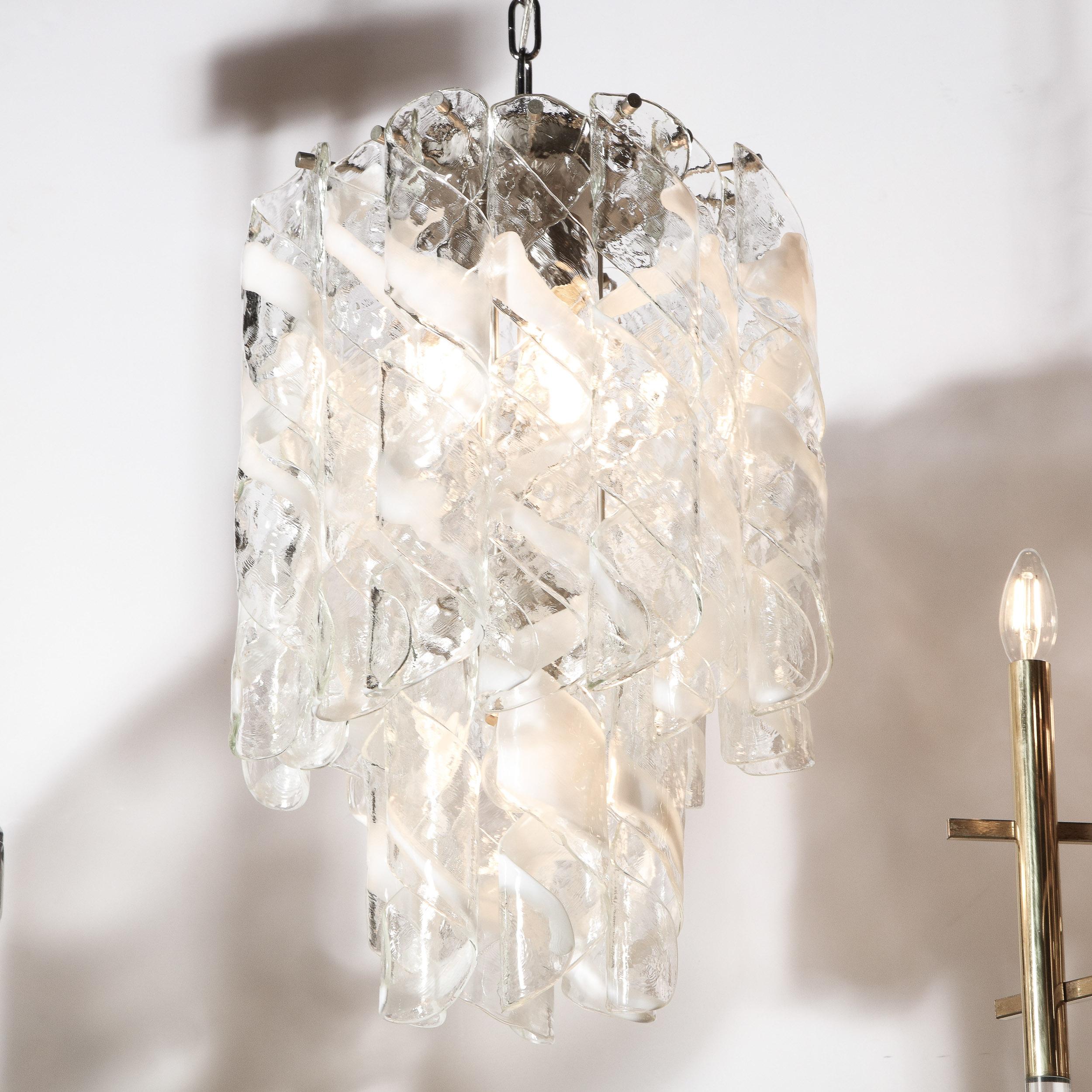 Mid-Century Modern Midcentury Hand Blown Murano Translucent and White Glass Helix Form Chandelier