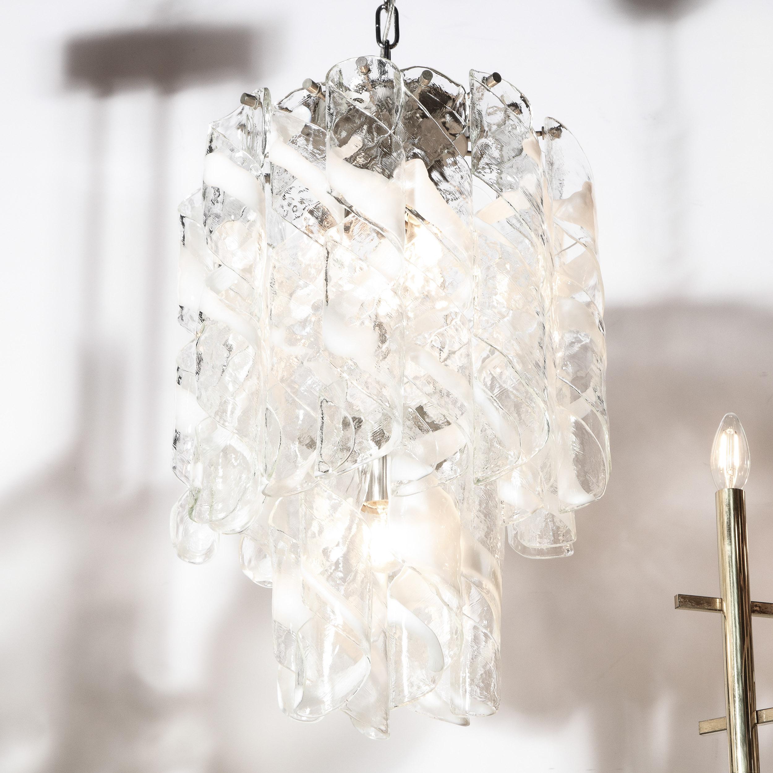 Italian Midcentury Hand Blown Murano Translucent and White Glass Helix Form Chandelier