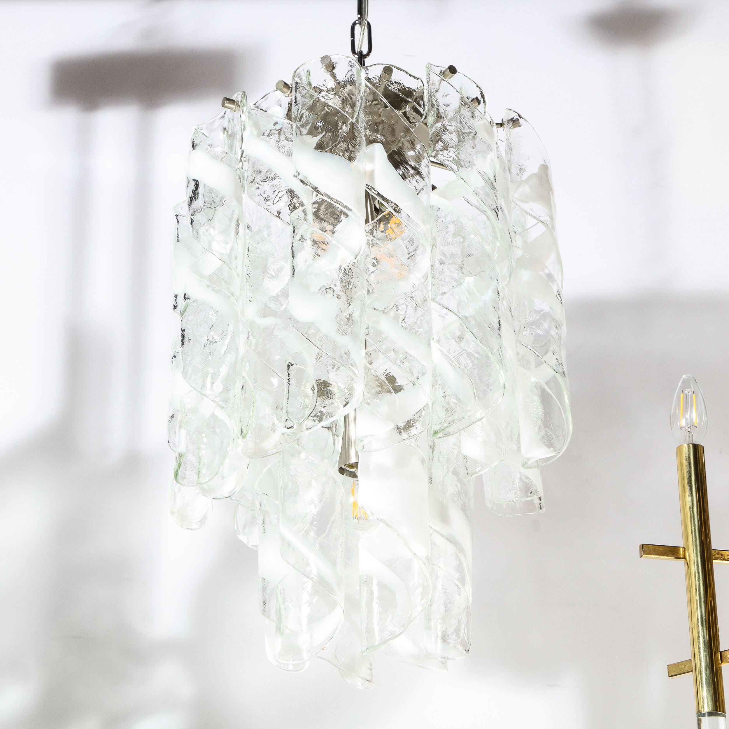 Late 20th Century Midcentury Hand Blown Murano Translucent and White Glass Helix Form Chandelier