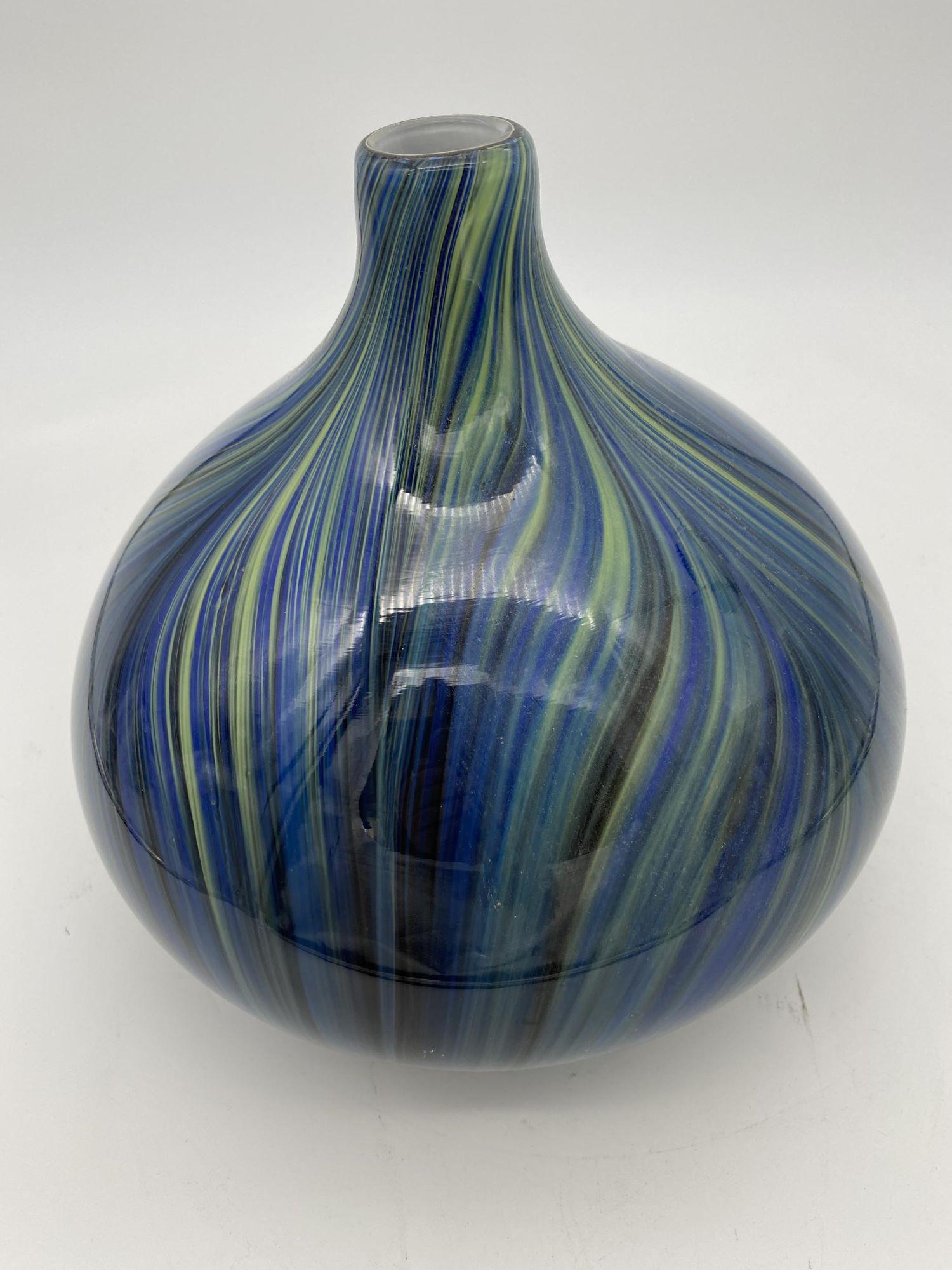 Original 1960s handblown swirl Murano glass vase featuring blue, green, and black swirling in bottle shape vase.