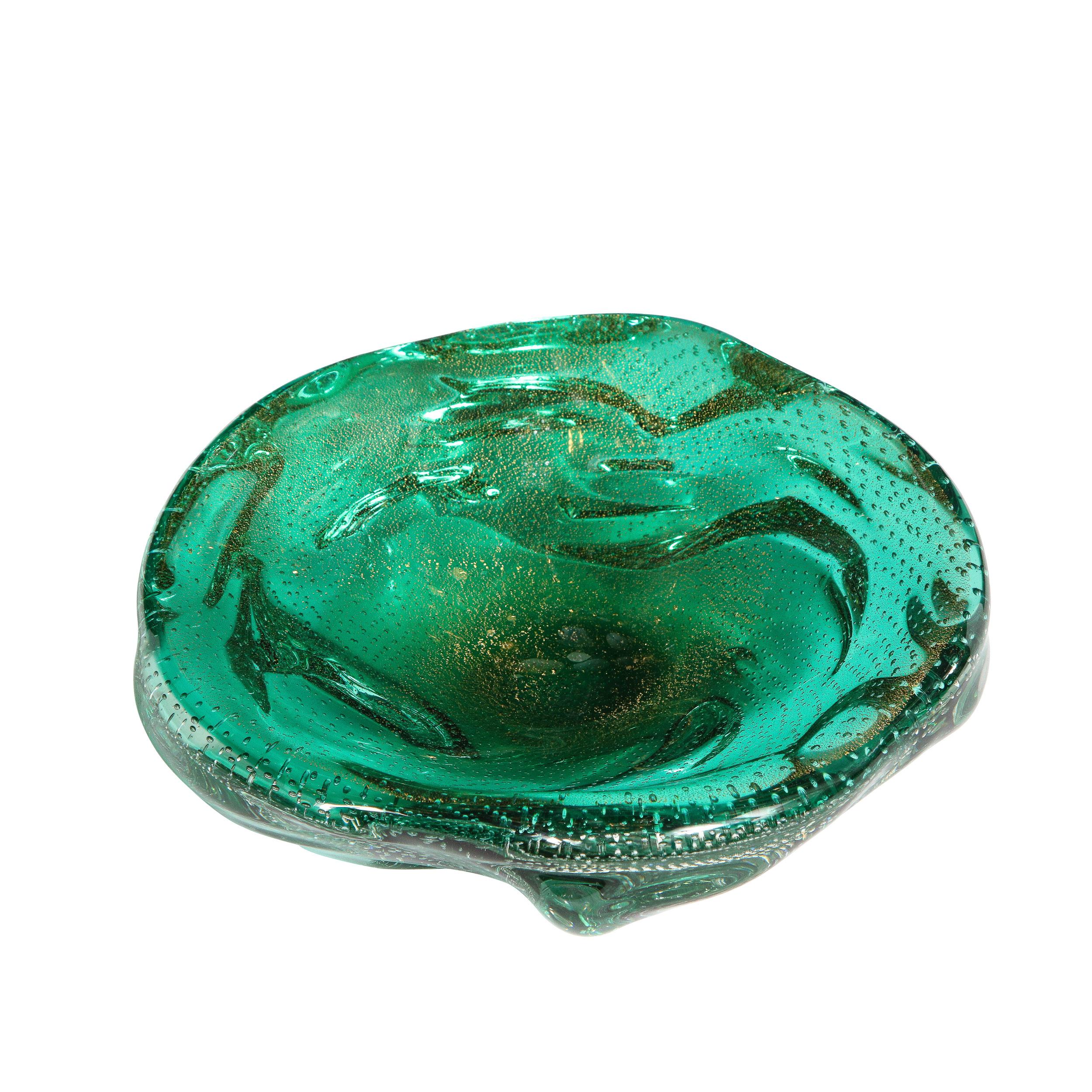 Midcentury Hand Blown Teal Murano Bowl with Clear Murines & 24-Karat Gold Flecks 4