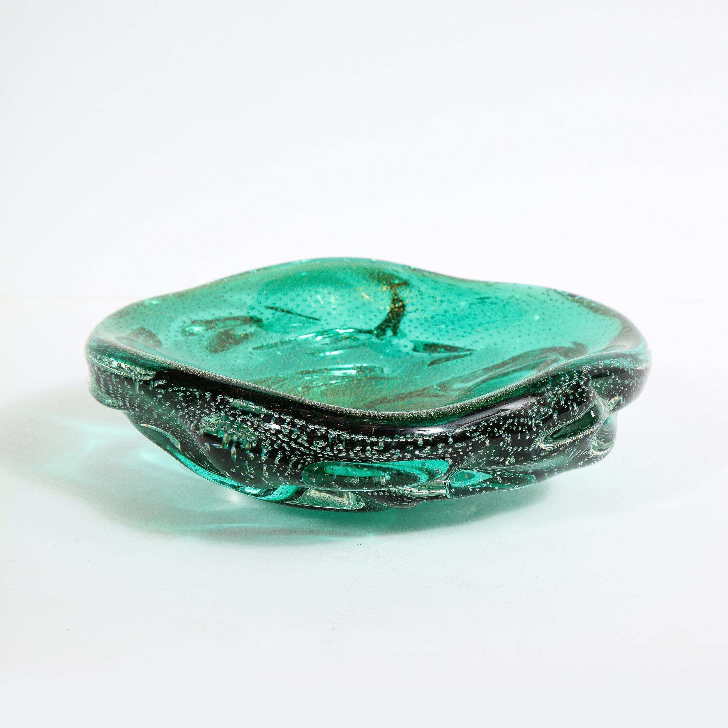 Midcentury Hand Blown Teal Murano Bowl with Clear Murines & 24-Karat Gold Flecks In Excellent Condition In New York, NY