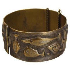 Vintage Mid-Century Handcrafted Bronze Hinged Bangle Bracelet with Fish Motif, Signed