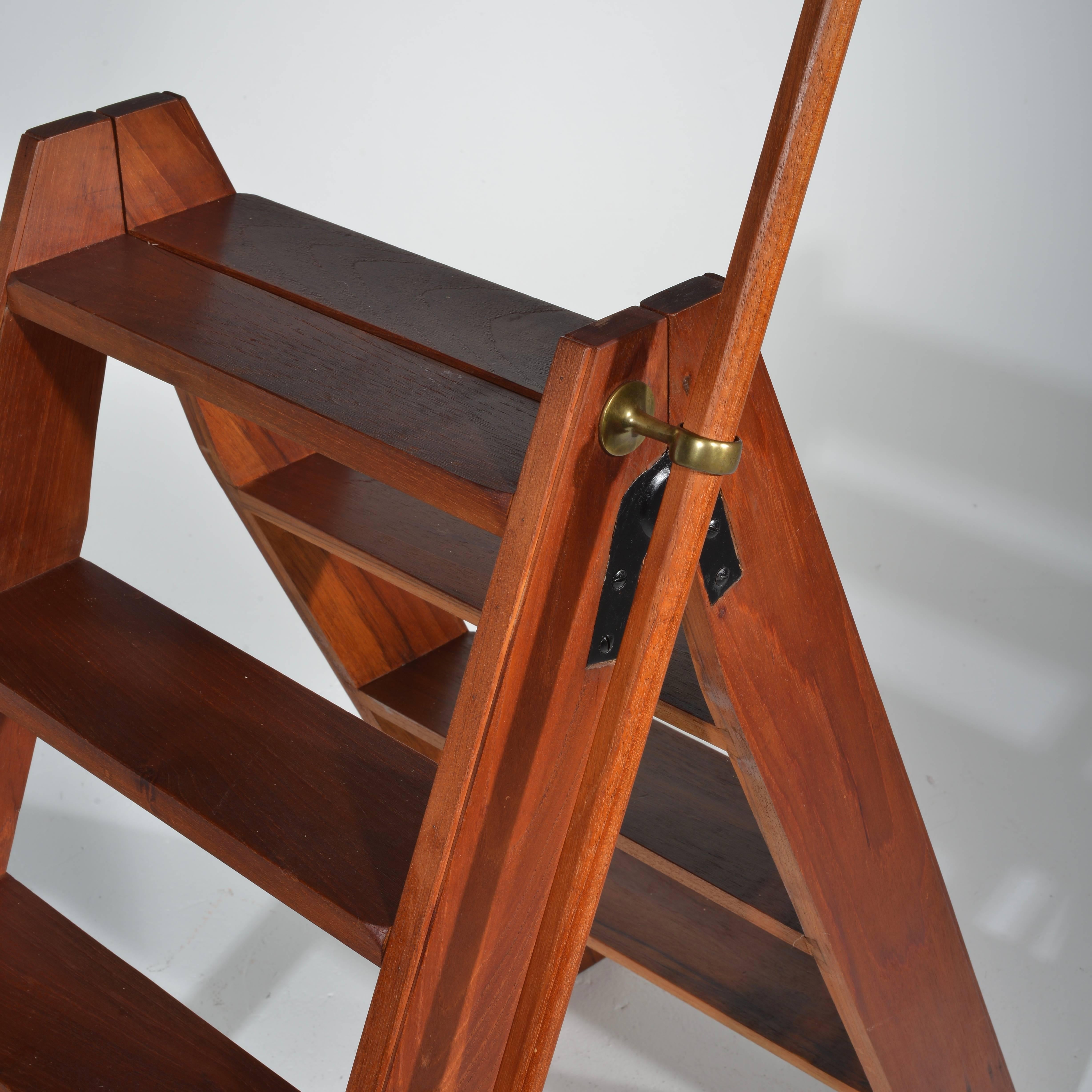 Scandinavian Modern Midcentury Handcrafted Danish Step Ladder in Teak and Brass