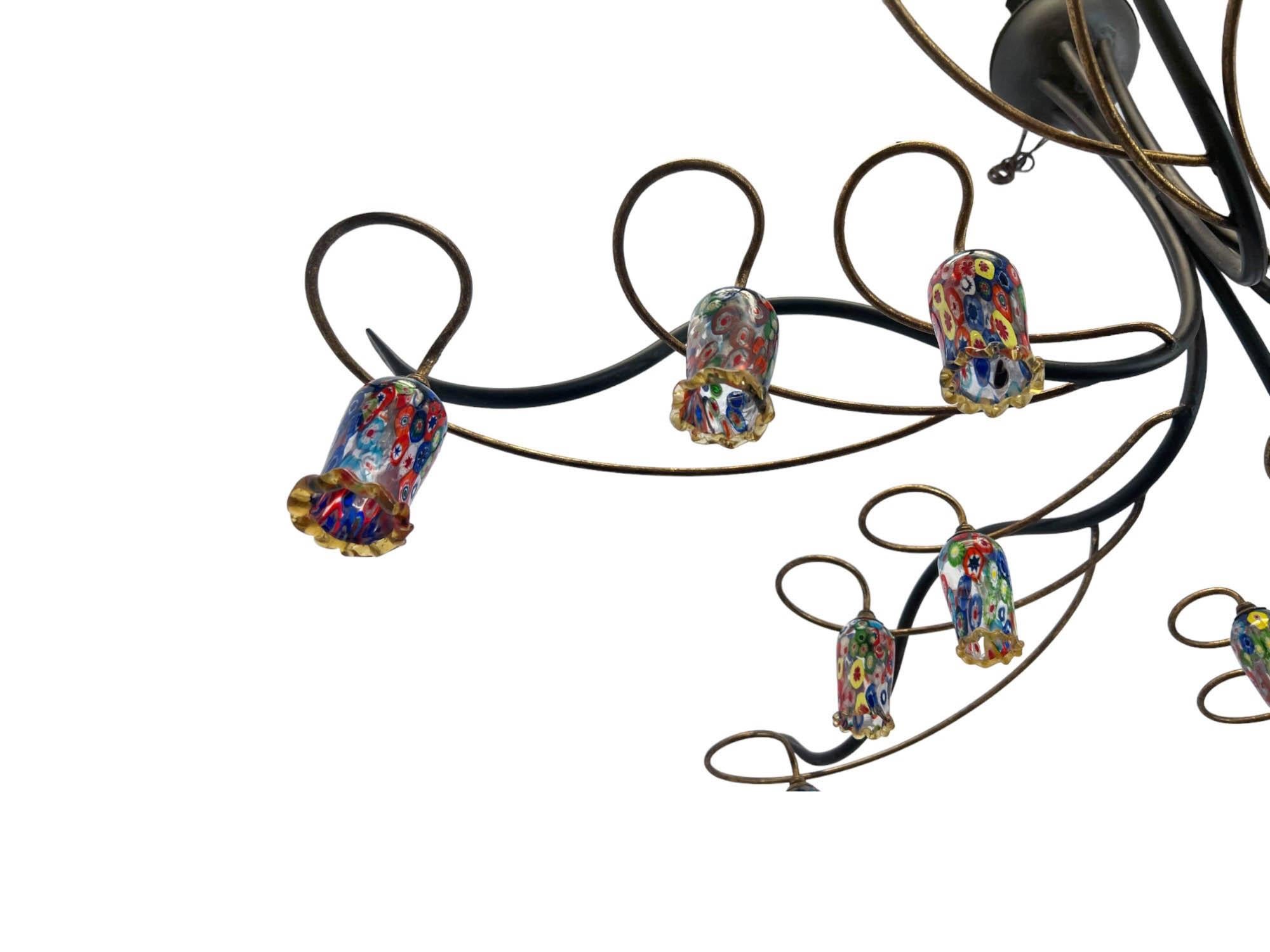 Lampadario Millefiori di metà secolo realizzato a mano in ferro e rame in vendita 1