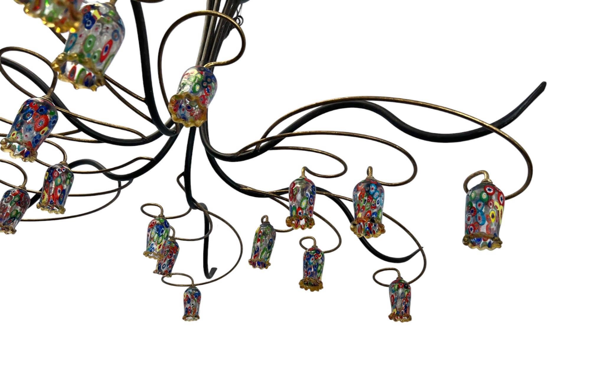 Lampadario Millefiori di metà secolo realizzato a mano in ferro e rame in vendita 3