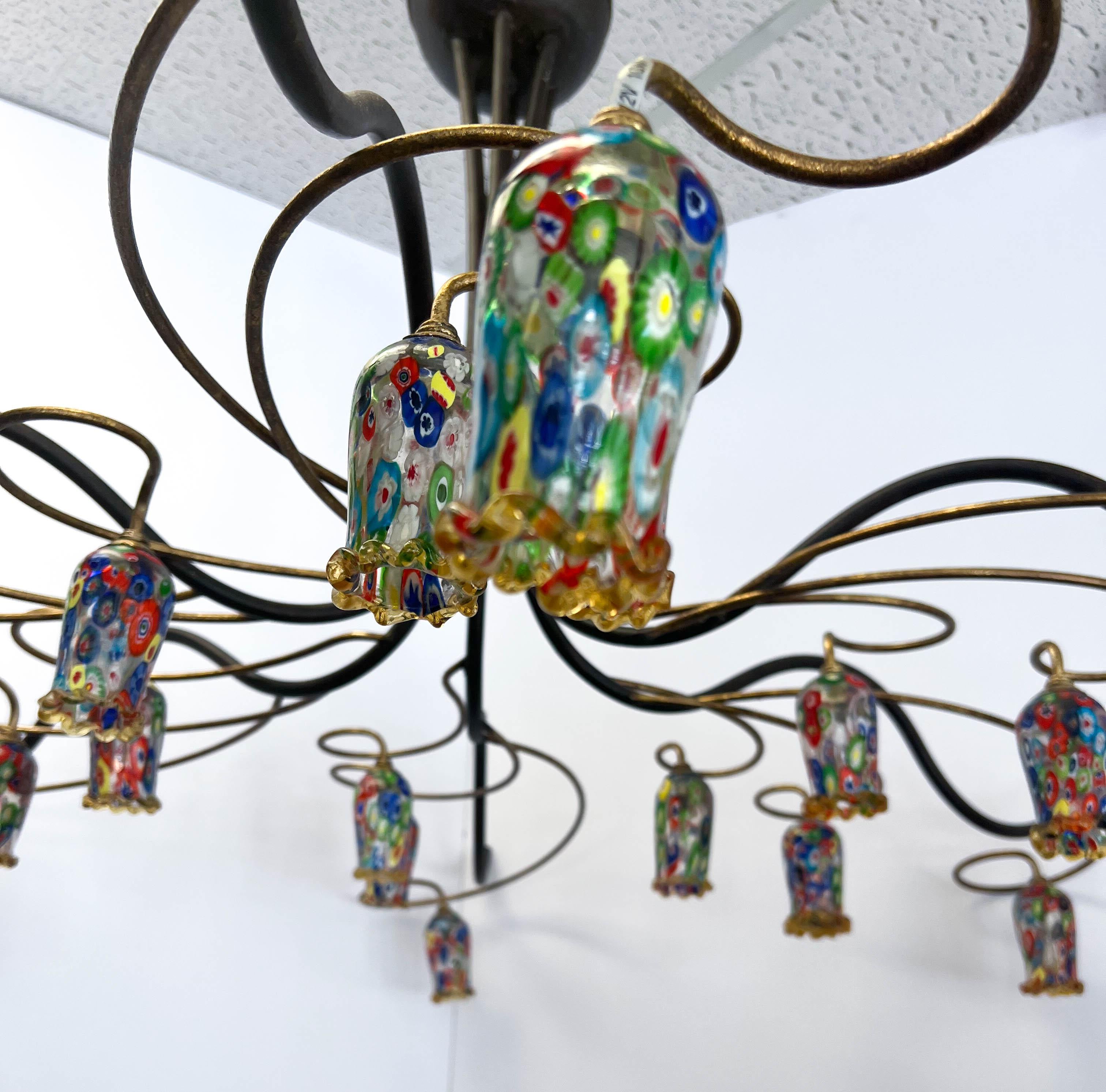 Hand-Crafted Mid-Century Handcrafted Iron & Copper Millefiori Chandelier For Sale