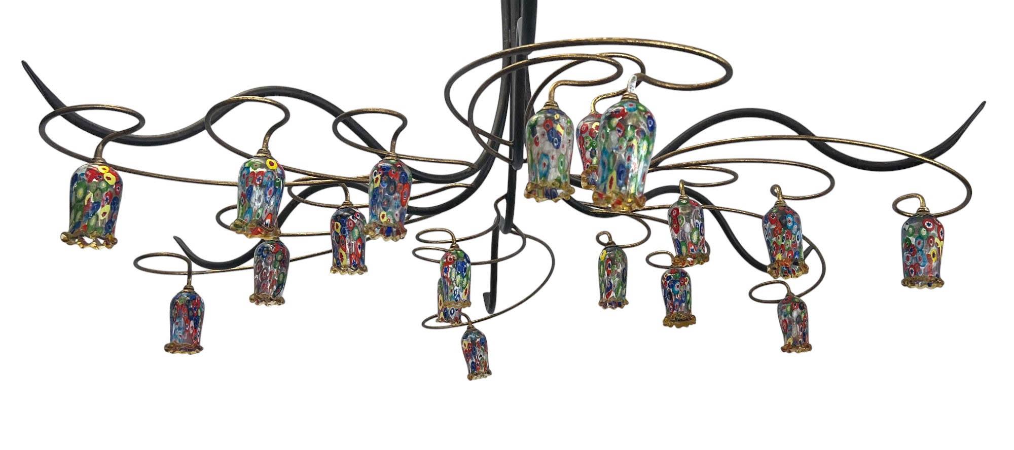 Sconosciuto Lampadario Millefiori di metà secolo realizzato a mano in ferro e rame in vendita